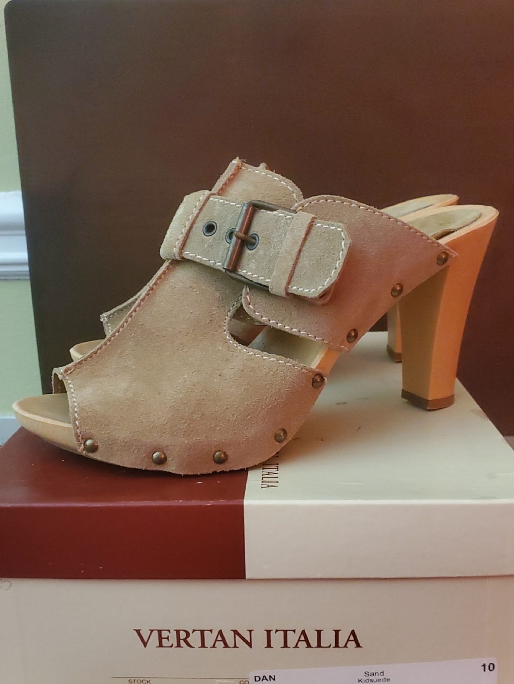 [Never Worn] Italian Brand, Suede Leather, Buckle Accent, Peep-Toe Mule Heels